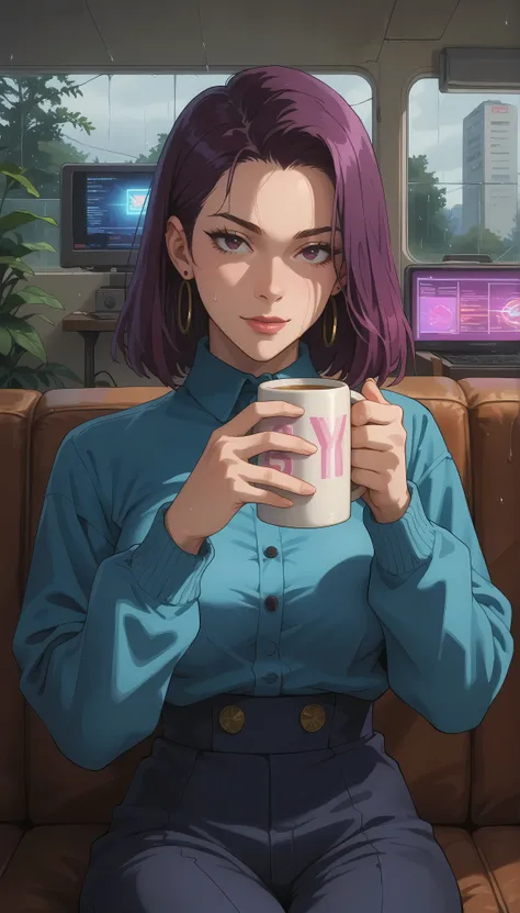 A girl with a nice body and nice breasts relaxes on a couch with glowing cushions, holding a warm mug while watching synthwave visuals on a floating screen. Rain falls in the background window. Her perfect face shines with soft magenta tones, perfect eyes ...