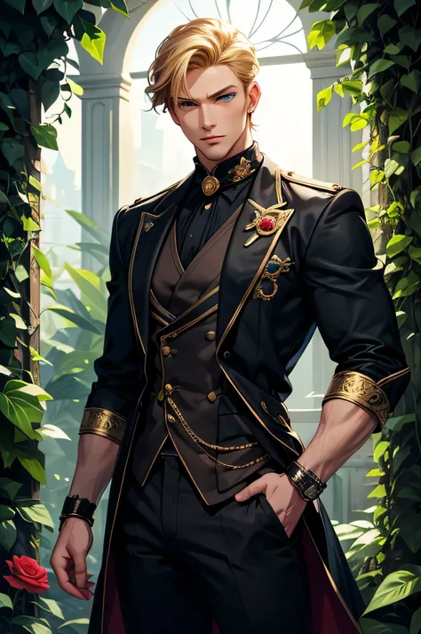 a handsome anime-style fantasy prince, standing in a gothic palace or enchanted garden, tall (198cm), muscular build, golden blond hair, cyan blue eyes, modern stylish haircut, wearing a dark, elegant royal uniform with black rose and ivy embroidery, high ...