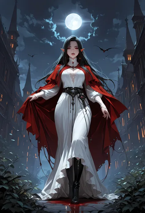 portrait of a vampire, elf with a long curvy hair, dark color hair, red eyes, ((beautiful delicate face)), Ultra Detailed Face (intricate details, fantasy art, Masterpiece, best quality), visible vampiric fangs, red cloak, flowing cloak , wearing an intr...