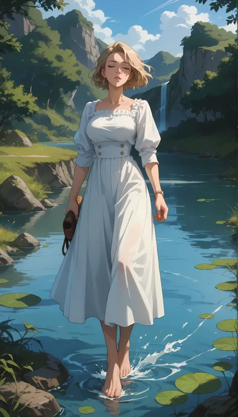 A girl with a nice body and nice breasts stands barefoot in the shallow edge of a river, holding her shoes in one hand. She wears a light dress that flows with the wind, her perfect face peaceful, perfect eyes watching the water flow beneath her.

