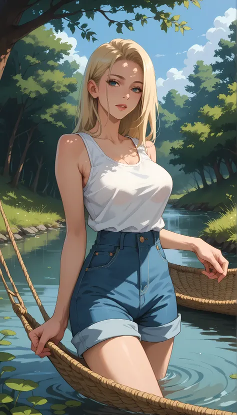 A girl with a nice body and nice breasts relaxes in a hammock tied between two trees near a wide, flowing river. She wears a sleeveless tee and shorts, her perfect eyes half-closed, enjoying the breeze, her perfect face bathed in soft afternoon light.

