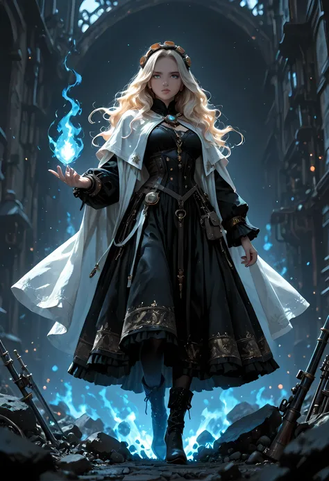 Portrait of a woman wizard, manipulating magical blue fire, extremely beautiful woman (best Detailed, Masterpiece, Hyperrealistic) blond hair, rich hair, wavy hair, dynamic eyes color, wearing black and white dress, wearing white cloak, wearing pantyhose, ...