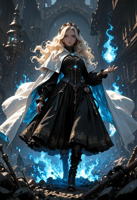 Portrait of a woman wizard, manipulating magical blue fire, extremely beautiful woman (best Detailed, Masterpiece, Hyperrealistic) blond hair, rich hair, wavy hair, dynamic eyes color, wearing black and white dress, wearing white cloak, wearing pantyhose, ...