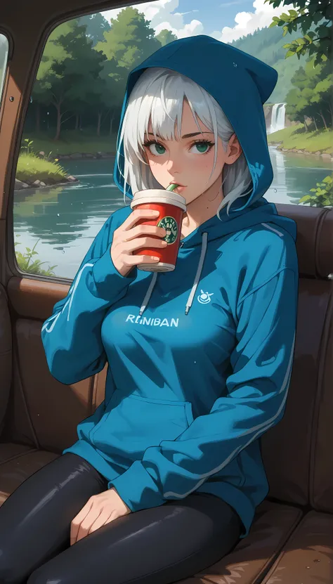 A girl with a nice body and nice breasts sits under a small canopy near the riverbank during light rain, sipping warm coffee. She wears a hoodie and leggings, her perfect face thoughtful, perfect eyes gazing at raindrops hitting the river’s surface.

