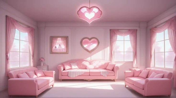 Heart furniture, A room with a pink atmosphere, heart mirror, Large window, chiffon curtain with ribbon, light blue point, room with small sofa, a room with a pink bed,