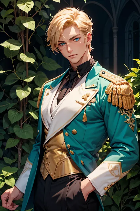 a handsome anime-style fantasy prince, standing in a gothic palace or enchanted garden, tall (198cm), muscular build, golden blond hair, cyan blue eyes, modern stylish haircut, wearing a dark, elegant royal uniform with black rose and ivy embroidery, high ...