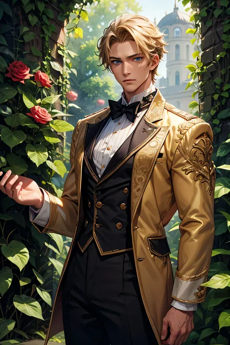 a handsome anime-style fantasy prince, standing in a gothic palace or enchanted garden, tall (198cm), muscular build, golden blond hair, blue eyes, modern stylish haircut, wearing a dark, elegant royal uniform with black rose and ivy embroidery, high colla...