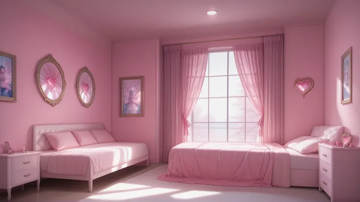 Heart furniture, A room with a pink atmosphere, heart mirror, Large window, chiffon curtain with ribbon, light blue point, view from the front of the room, with a pink bed in the corner High quality,4K,8K,extreme detail,Realistic,like the picture,HDR,UHD,S...