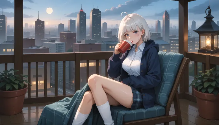A girl with a nice body and nice breasts relaxes on a balcony chair under a blanket, sipping hot tea as rain falls around her. Her perfect face glows under soft lantern light, perfect eyes gazing at the wet cityscape. She wears a cardigan and knee socks, s...