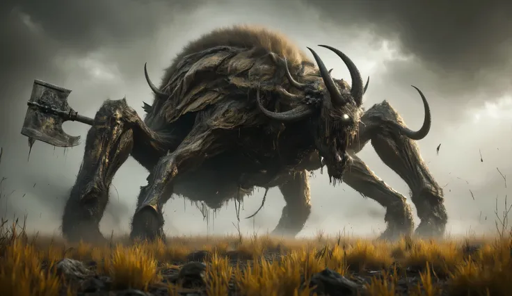 The perfect composition. A masterpiece. A creepy large minotaur. The minotaur has a two-handed medieval axe in his two hands. He walks on two strong legs. Empty white eyes. The Minotaur is armored. gloomy lighting. dark yellow grass. The sky is covered wit...