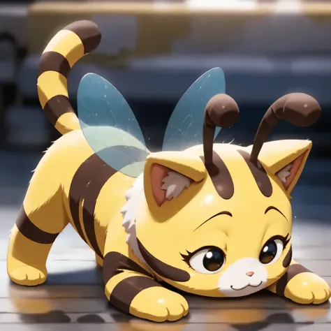 score_9, score_8_up, score_7_up, score_6_up, masterpiece, best quality, amazing quality, soft shading, solo, unisex, PPTcb, cartoon eyes, wide eyes, yellow fur with brown stripes, cat ears, brown antennae, cat tail, tiny bee wings, toylike,