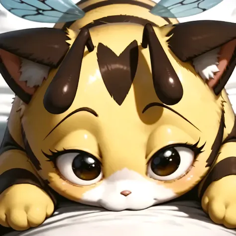 [🙀+🐝Catbee] [Updating Model New*] - score_9, score_8_up, score_7_up, score_6_up, masterpiece, best quality, amazing quality, soft shading, solo, unisex, PPTcb, cartoon eyes, wide eyes, yellow fur with brown stripes, cat ears, brown antennae, cat tail, tiny...