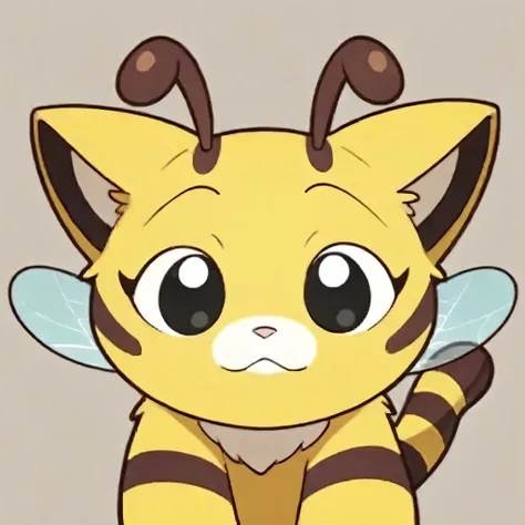 score_9, score_8_up, score_7_up, score_6_up, masterpiece, best quality, amazing quality, soft shading, solo, unisex, PPTcb, cartoon eyes, wide eyes, yellow fur with brown stripes, cat ears, brown antennae, cat tail, tiny bee wings, toylike,