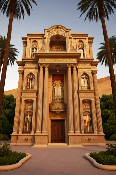 villa house arabian style,masterpiece,ultra-detailed,realistic,photorealistic,4k,hdr,vivid colors,physically-based rendering,ornate architecture,intricate details,grandiose columns,lush greenery,desert landscape,warm lighting,opulent interior,traditional d...