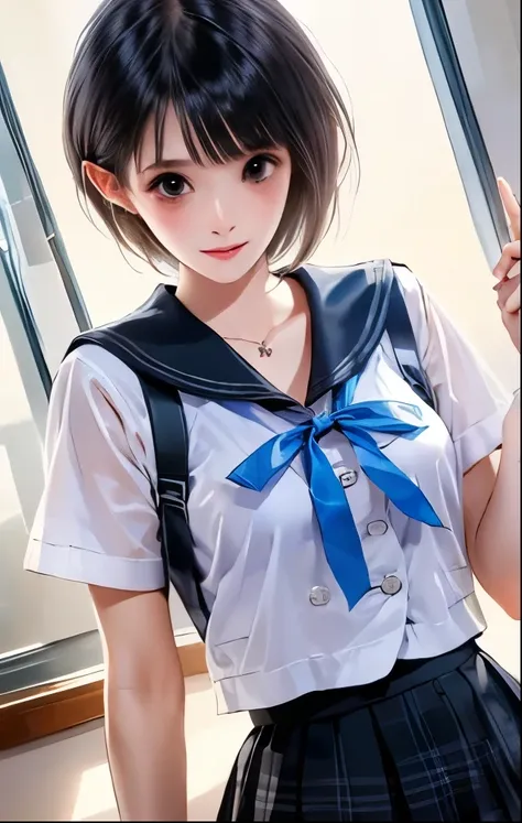 （（（ＳＦＷ、Highest quality、 first class masterpiece 、normal body 、32k、detailed face、super precise、normal hand、5 fingers、Highest）））、hinako-shirai、Shirai Hinako、Beautiful Girl、black hair、bob cut、slender、 slim、beautiful breasts、Summer school uniform、ultra-thin sa...
