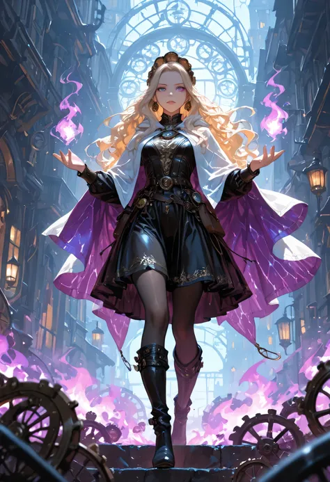 picture of a woman wizard, manipulating magical purple fire, extremely beautiful woman (best Detailed, Masterpiece, Hyperrealistic) blond hair, rich hair, wavy hair, dynamic eyes color, wearing black and white leather dress, wearing white cloak, wearing pa...