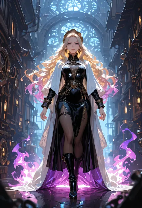 picture of a woman wizard, manipulating magical purple fire, extremely beautiful woman (best Detailed, Masterpiece, Hyperrealistic) blond hair, rich hair, wavy hair, dynamic eyes color, wearing black and white leather dress, wearing white cloak, wearing pa...