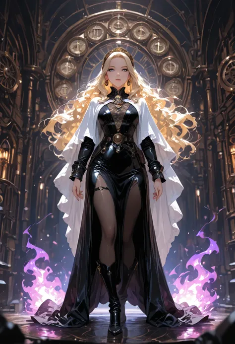 picture of a woman wizard, manipulating magical purple fire, extremely beautiful woman (best Detailed, Masterpiece, Hyperrealistic) blond hair, rich hair, wavy hair, dynamic eyes color, wearing black and white leather dress, wearing white cloak, wearing pa...