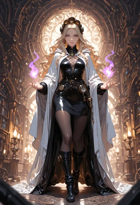 picture of a woman wizard, manipulating magical purple fire, extremely beautiful woman (best Detailed, Masterpiece, Hyperrealistic) blond hair, rich hair, wavy hair, dynamic eyes color, wearing black and white leather dress, wearing white cloak, wearing pa...