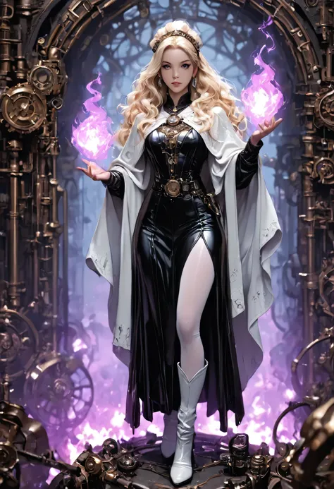 picture of a woman wizard, manipulating magical purple fire, extremely beautiful woman (best Detailed, Masterpiece, Hyperrealistic) blond hair, rich hair, wavy hair, dynamic eyes color, wearing black and white leather dress, wearing white cloak, wearing pa...