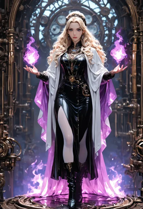 picture of a woman wizard, manipulating magical purple fire, extremely beautiful woman (best Detailed, Masterpiece, Hyperrealistic) blond hair, rich hair, wavy hair, dynamic eyes color, wearing black and white leather dress, wearing white cloak, wearing pa...