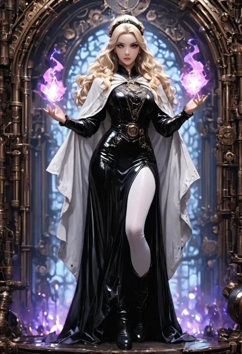 picture of a woman wizard, manipulating magical purple fire, extremely beautiful woman (best Detailed, Masterpiece, Hyperrealistic) blond hair, rich hair, wavy hair, dynamic eyes color, wearing black and white leather dress, wearing white cloak, wearing pa...