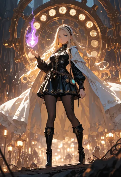 picture of a woman wizard, manipulating magical purple fire, extremely beautiful woman (best Detailed, Masterpiece, Hyperrealistic) blond hair, rich hair, wavy hair, dynamic eyes color, wearing black and white leather dress, wearing white cloak, wearing pa...