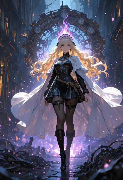 picture of a woman wizard, manipulating magical purple fire, extremely beautiful woman (best Detailed, Masterpiece, Hyperrealistic) blond hair, rich hair, wavy hair, dynamic eyes color, wearing black and white leather dress, wearing white cloak, wearing pa...