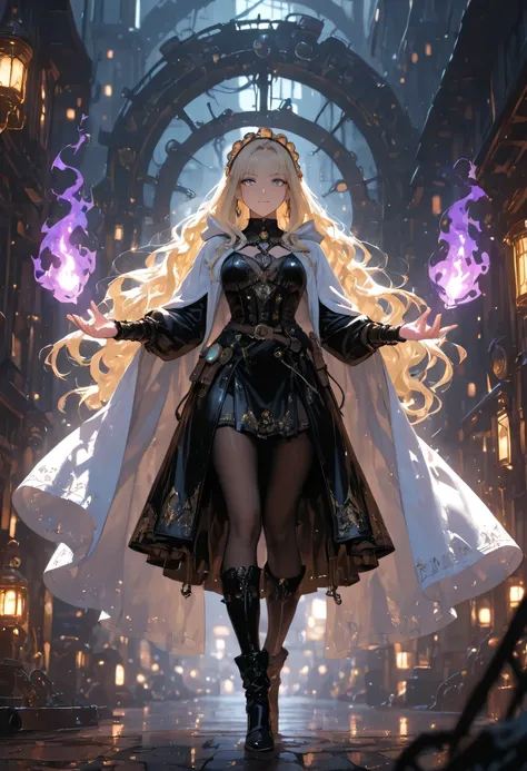 picture of a woman wizard, manipulating magical purple fire, extremely beautiful woman (best Detailed, Masterpiece, Hyperrealistic) blond hair, rich hair, wavy hair, dynamic eyes color, wearing black and white leather dress, wearing white cloak, wearing pa...