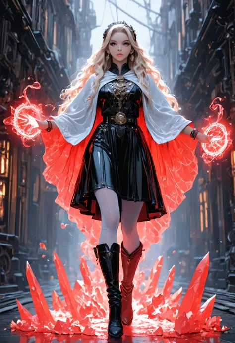 picture of a woman wizard, manipulating magical red ice magic, extremely beautiful woman (best Detailed, Masterpiece, Hyperrealistic) blond hair, rich hair, wavy hair, dynamic eyes color, wearing black and white leather dress, wearing white cloak, wearing ...