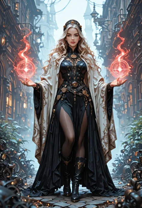 picture of a woman wizard, manipulating magical red magic, extremely beautiful woman (best Detailed, Masterpiece, Hyperrealistic) blond hair, rich hair, wavy hair, dynamic eyes color, wearing black and white leather dress, wearing white cloak, wearing pant...