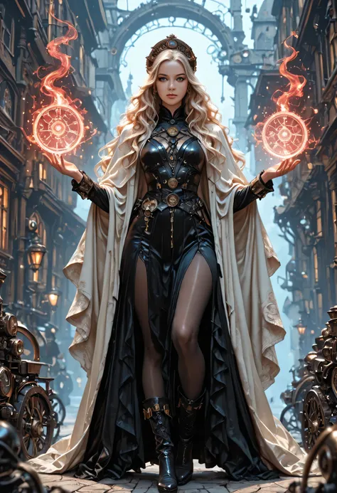 picture of a woman wizard, manipulating magical red magic, extremely beautiful woman (best Detailed, Masterpiece, Hyperrealistic) blond hair, rich hair, wavy hair, dynamic eyes color, wearing black and white leather dress, wearing white cloak, wearing pant...