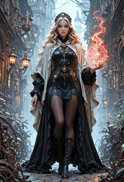 picture of a woman wizard, manipulating magical red magic, extremely beautiful woman (best Detailed, Masterpiece, Hyperrealistic) blond hair, rich hair, wavy hair, dynamic eyes color, wearing black and white leather dress, wearing white cloak, wearing pant...