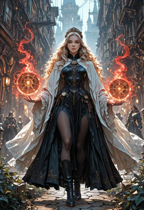 picture of a woman wizard, manipulating magical red magic, extremely beautiful woman (best Detailed, Masterpiece, Hyperrealistic) blond hair, rich hair, wavy hair, dynamic eyes color, wearing black and white leather dress, wearing white cloak, wearing pant...