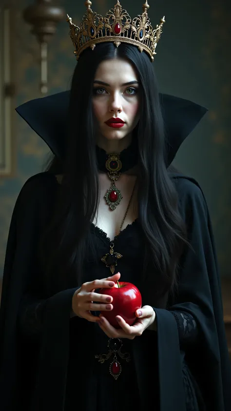 girl,Long Black Hair,Black Queen ,accessories,Apple in hand ,Poisoned Apple,Witch Queen,red lipstick、full body highdefinition picture。