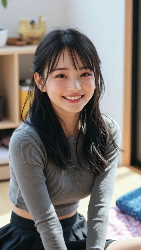 A radiant 24-year-old Japanese preschool teacher with expressive round eyes and full, glossy lips, offering a bright, cheerful smile to the camera. She wears a form-fitting grey long-sleeve top that molds to her upper body, paired with sleek black short pa...