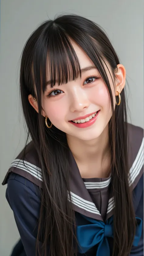 A high-resolution, photorealistic image of a Japanese school girl bathed in golden sunlight, facing forward with a radiant, joyful smile, her eyes meeting the viewer’s. Her long, straight black hair shines, and her traditional navy sailor-style school unif...