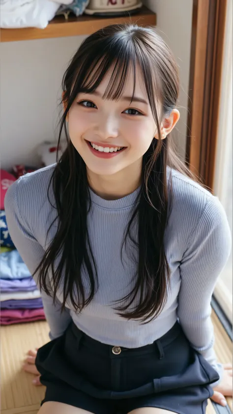 A radiant 24-year-old Japanese preschool teacher with expressive round eyes and full, glossy lips, offering a bright, cheerful smile to the camera. She wears a form-fitting grey long-sleeve top that molds to her upper body, paired with sleek black short pa...
