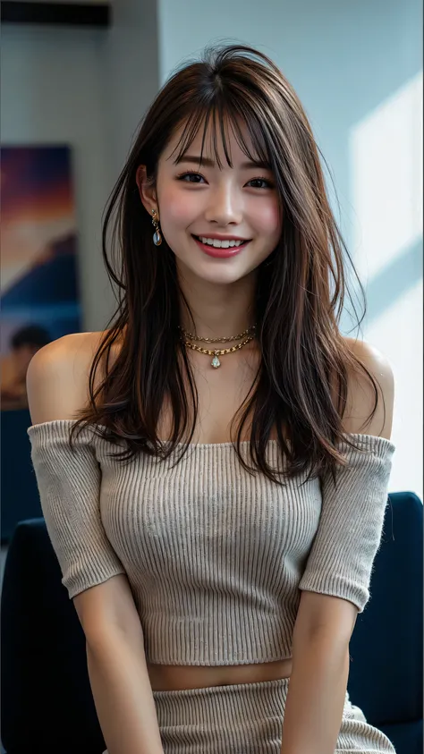 A 26-year-old Japanese female announcer sitting a chair in blight office. She has long, dark brown hair, clear white skin and a glamorous figure. Dressed in a beige offshoulder mini-knit-dress.mouth open. The image captures her full body shot, showcasing h...