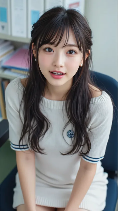 A 18-year-old Japanese female announcer sitting a chair in blight office. She has long, dark brown hair, clear white skin and a glamorous figure. Dressed in a beige offshoulder mini-knit-dress.mouth open. The image captures her full body shot, showcasing h...