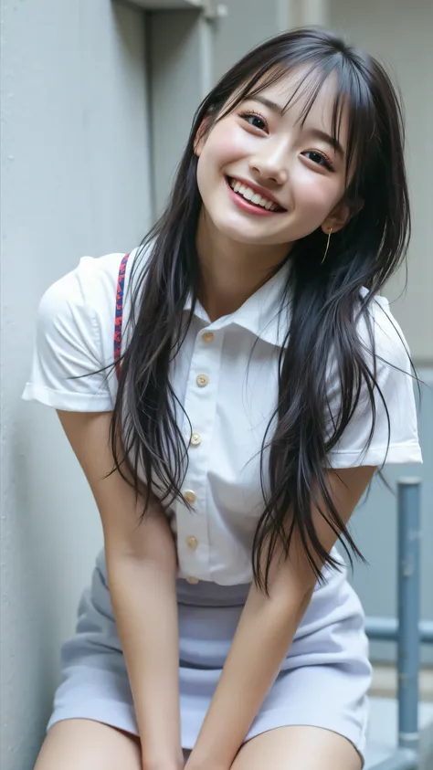 A 18-year-old Japan girl is an idol and sings while dancing on stage with a smile on her face. Look at the camera. The whole body is visible. Beautiful legs