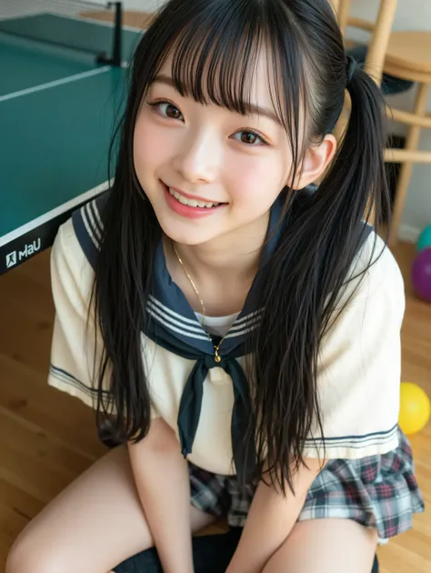 Cowboy shot, a smiling Japanese girl in a smooth neat sailor uniform is playing table tennis, black knee socks, cute, neat, idol, 18 years old, beautiful face, thin lines, delicate curves, big eyes, long Black hair, beautiful leg lines, skin details, snaps...