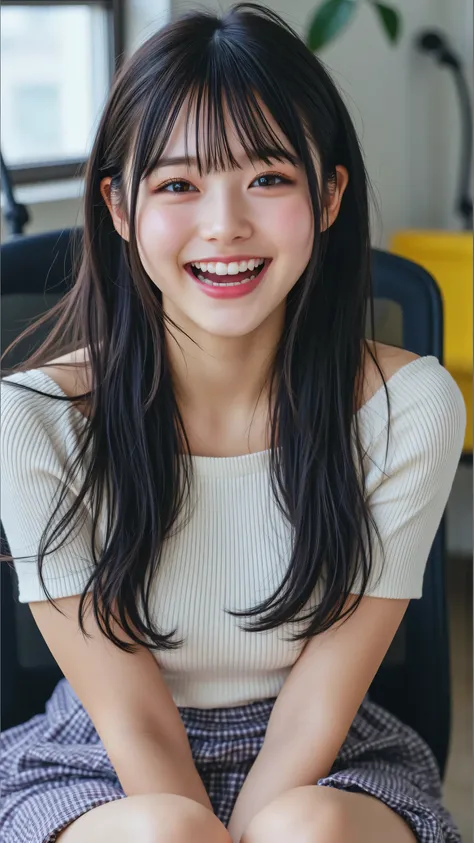 A 18-year-old Japanese female announcer sitting a chair in blight office. She has long, dark brown hair, clear white skin and a glamorous figure. Dressed in a beige offshoulder mini-knit-dress.mouth open. The image captures her full body shot, showcasing h...