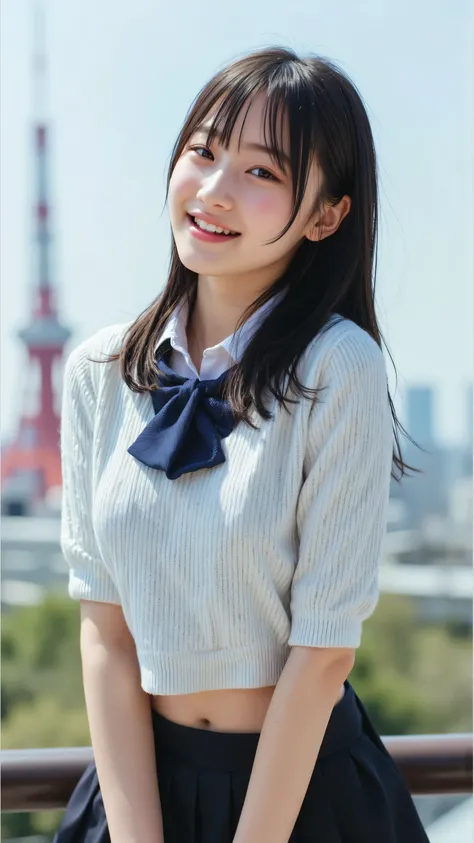 A girl standing in front of Tokyo Tower, wearing jk, black socks, Shinkai Makoto style