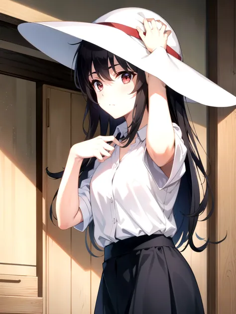 tall body, tall, long legs, mature female, mature, adults, eft_SAEKANO_It's not coming , 1 girl, kasumigaoka It's not coming , solo, long hair, headband, black hair, Red Eyes, upper body, white headband, shirt, bungs, indoor, viewers looking straight up, c...