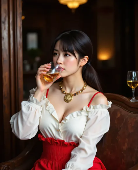 (8K, born, Top quality, masterpiece: 1.2), (realista, Photorealist: 1.37), ((Hidden bar)), Charming 45-year-old Japanese woman, (White blouse with gold medal and red skirt with ruffles), ((shell necklace)), ((Drinking whiskey with a glass in her hand:1.3)...