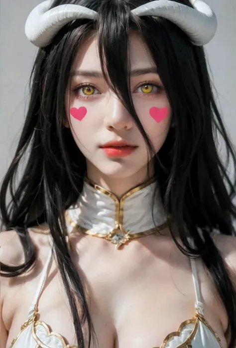 ( masterpiece , best quality ), 1 girl,2d, beautiful face, demon horns ,( long black hair ),( black hair)( black hair largo),( yellow eyes ),pesones with cold , HIGH QUALITY,ultra detailed , albedo,choke, long hair, big breasts , self-adhesive stickers fo...