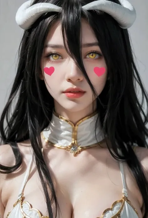 ( masterpiece , best quality ), 1 girl,2d, beautiful face, demon horns ,( long black hair ),( black hair)( black hair largo),( yellow eyes ),pesones with cold , HIGH QUALITY,ultra detailed , albedo,choke, long hair, big breasts , self-adhesive stickers fo...