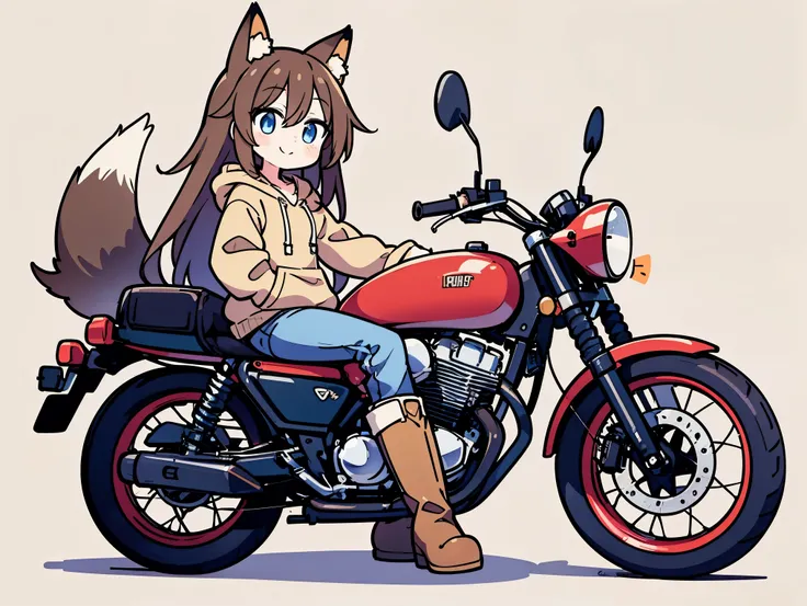 anime style、 cute face、 Female 1、 fox ears、 caramel brown hair、tail、long hair、 beige hoodie、jeans、boots、blue eyes、smile、simple background、riding a motorcycle、