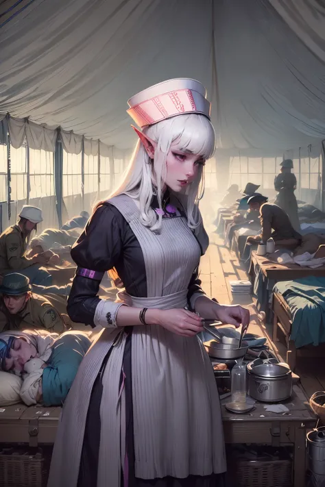 (Ultra-detailed face, Looking Away, Gothic Illustration, Dark Tone Colors. One thumb and four fingers.) , BREAK
(A female dark elf nurse tends to injured civilians and soldiers in a field hospital in a field tent temporarily set up in a port town market. ...